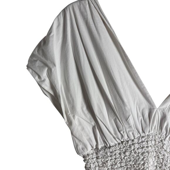 Staud Jackson White Smocked V-Neck Short Sleeve A-Line Midi Dress Size Large - Picture 8 of 16